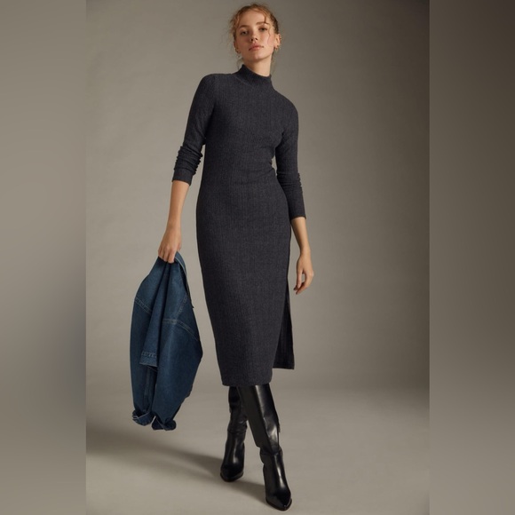 Cozy Daily Practice by Anthropologie Soft Turtleneck Side-Slit Dress Charcoal - Picture 7 of 14